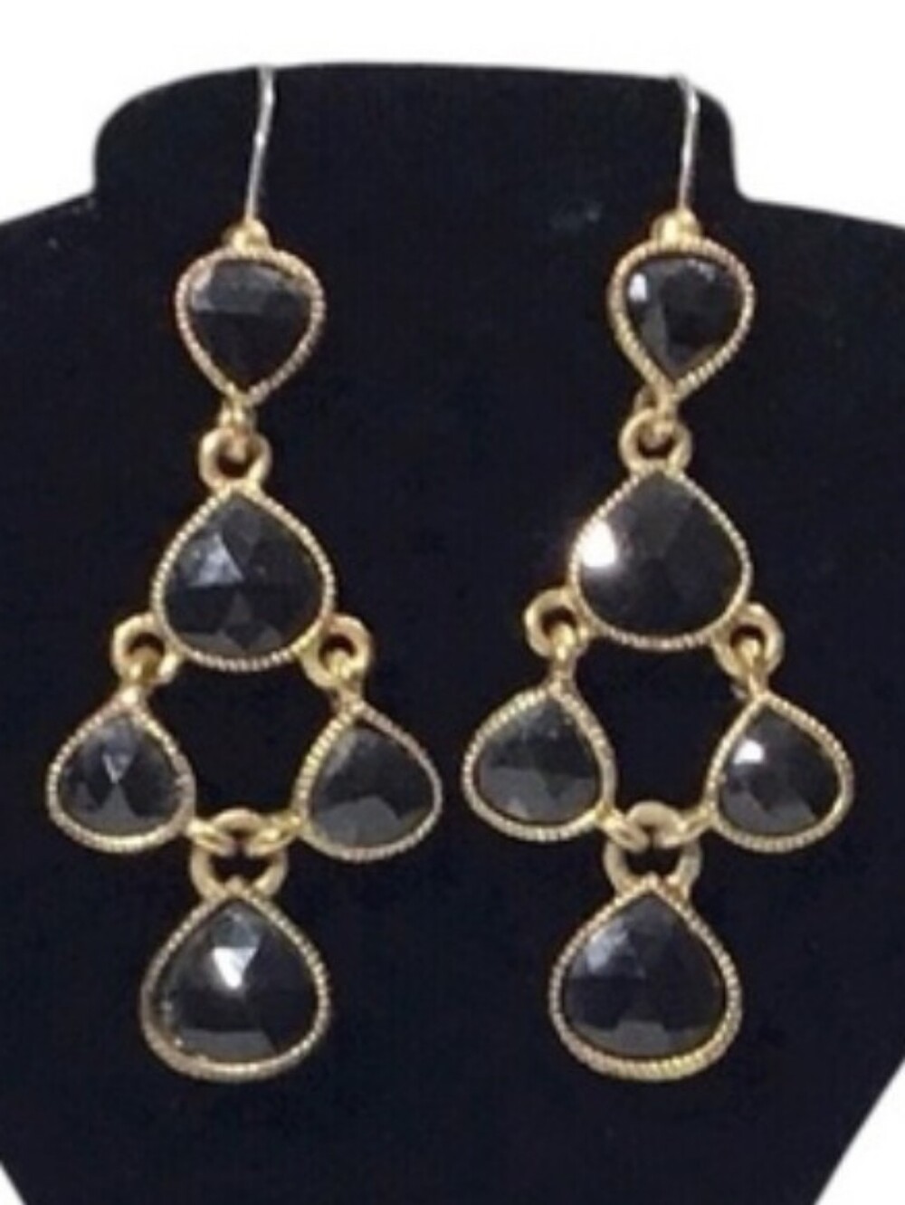 Very Unique Monet Gold-Tone Chandelier Earrings with Black Stones